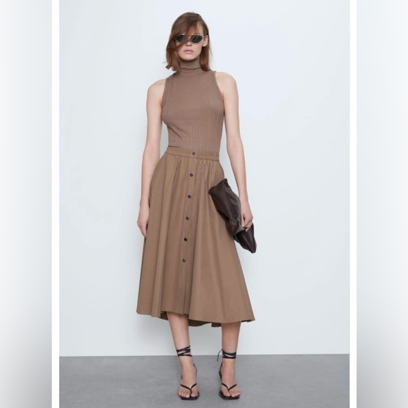 Zara Dresses & Skirts - ZARA Tan Camel Khaki Button Down Elastic High-Waist Asymmetrical Midi Maxi Skirt